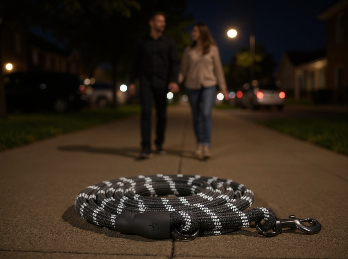 Correa reflectante para perro en un paseo nocturno